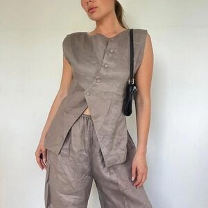 VRG GRL NWT Gray Linen Asymmetrical Button Vest Top Size 8 Modern Minimal